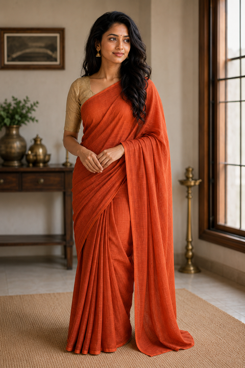 Kota Doria Pure Cotton Plain Saree - Orange
