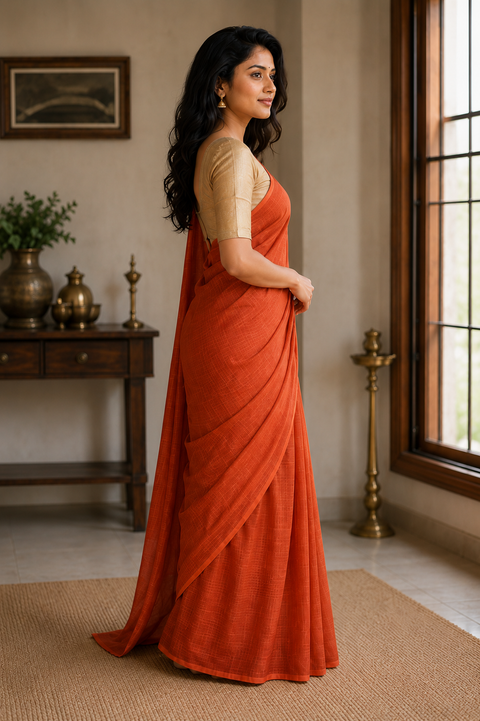 Kota Doria Pure Cotton Plain Saree - Orange