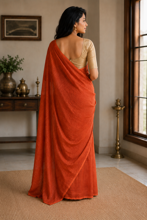 Kota Doria Pure Cotton Plain Saree - Orange