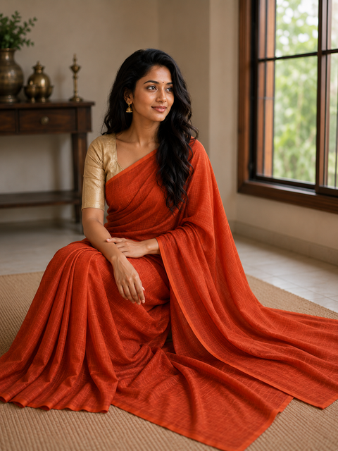 Kota Doria Pure Cotton Plain Saree - Orange