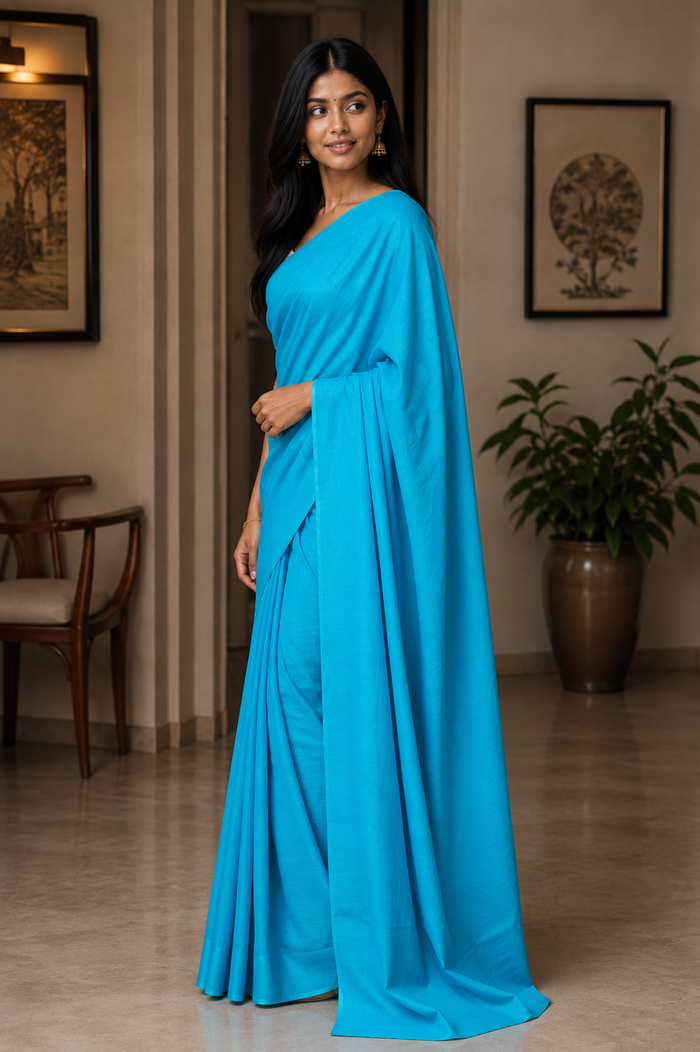 Kota Doria Plain Cotton Mix Saree - Sky Blue Color