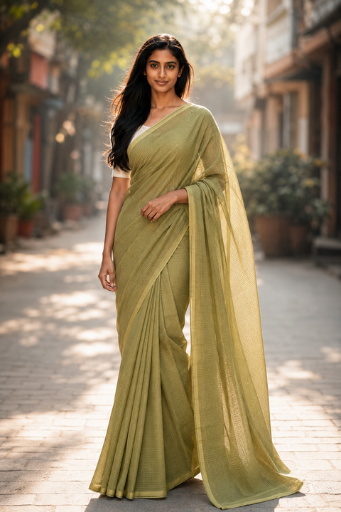 Kota Doria Pure Cotton Plain Saree - Olive