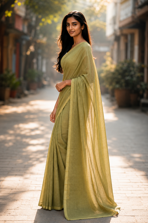 Kota Doria Pure Cotton Plain Saree - Olive