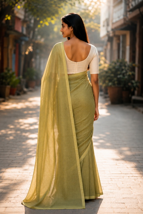 Kota Doria Pure Cotton Plain Saree - Olive