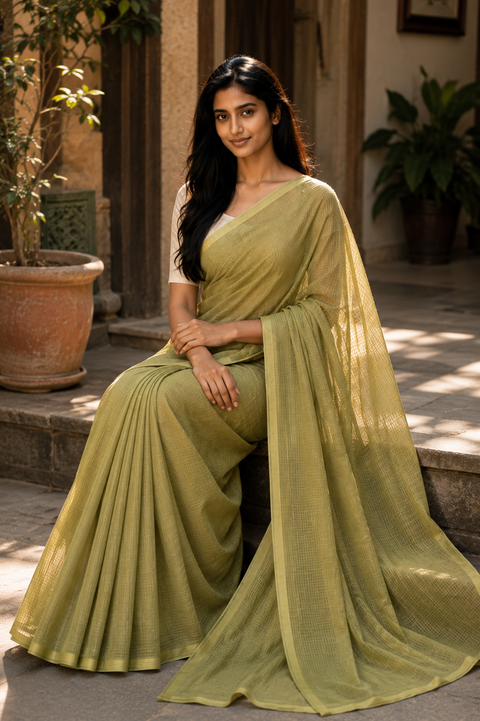 Kota Doria Pure Cotton Plain Saree - Olive