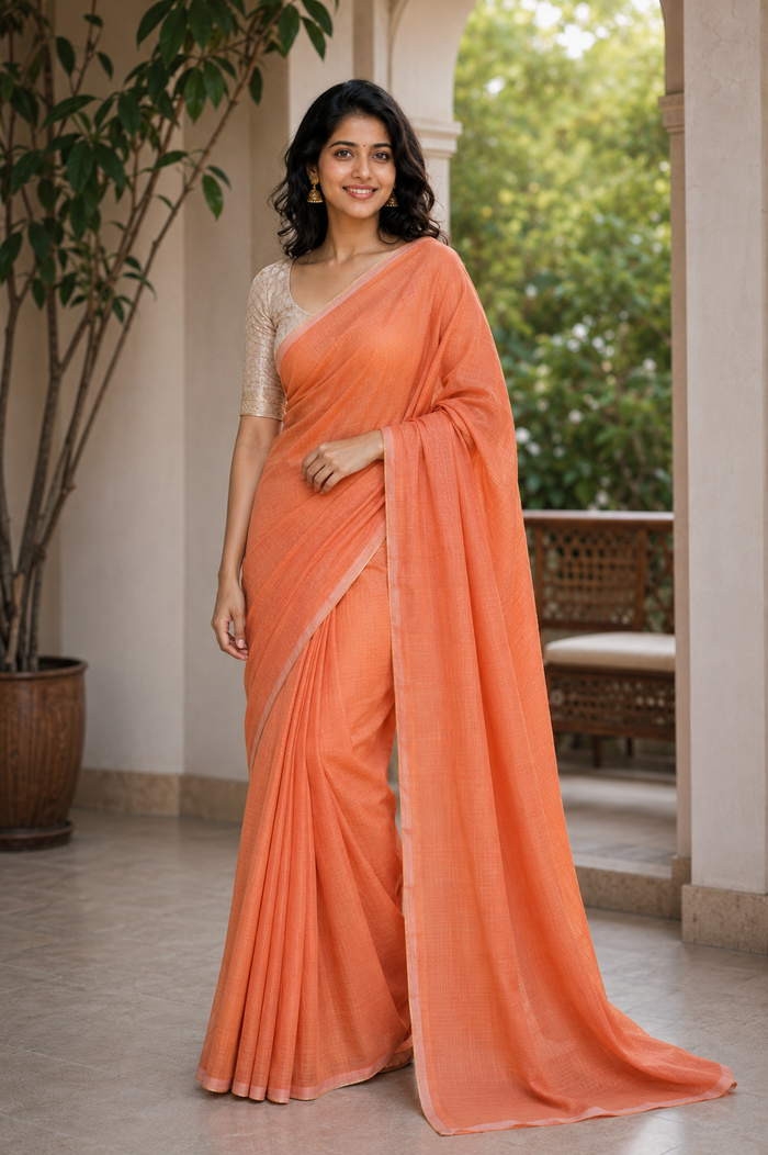 Kota Cotton Plain Saree - Light Orange