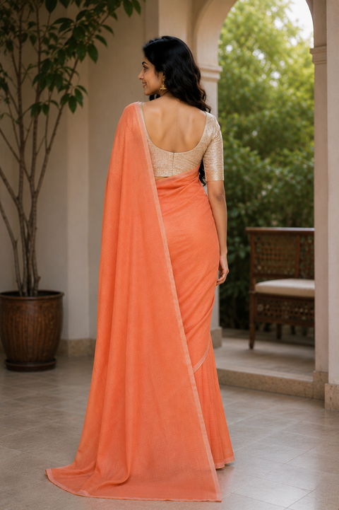 Kota Cotton Plain Saree - Light Orange