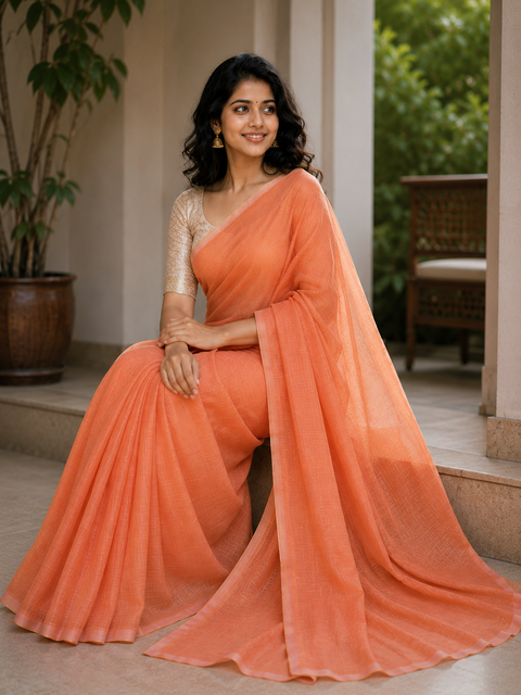 Kota Cotton Plain Saree - Light Orange