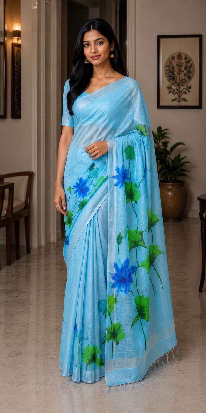 Hand Painted Kota Linen Saree - Blue Color