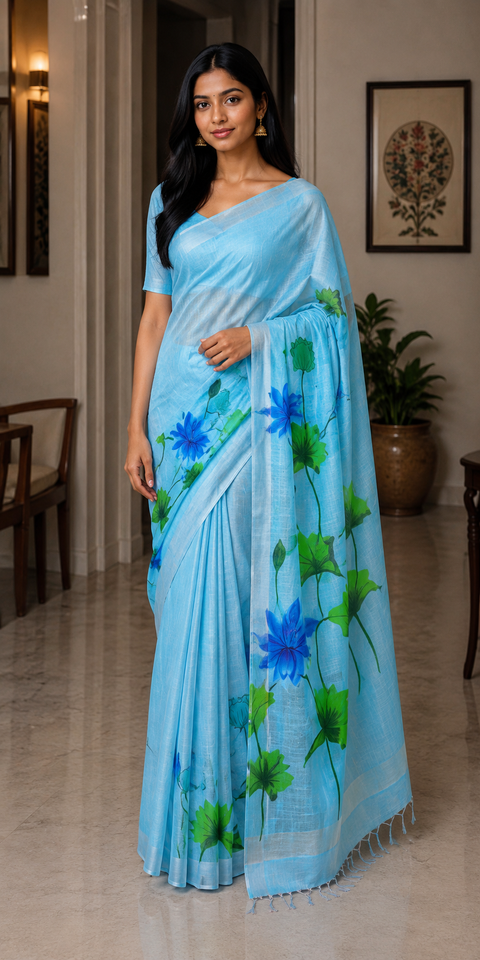 Hand Painted Kota Linen Saree - Blue Color