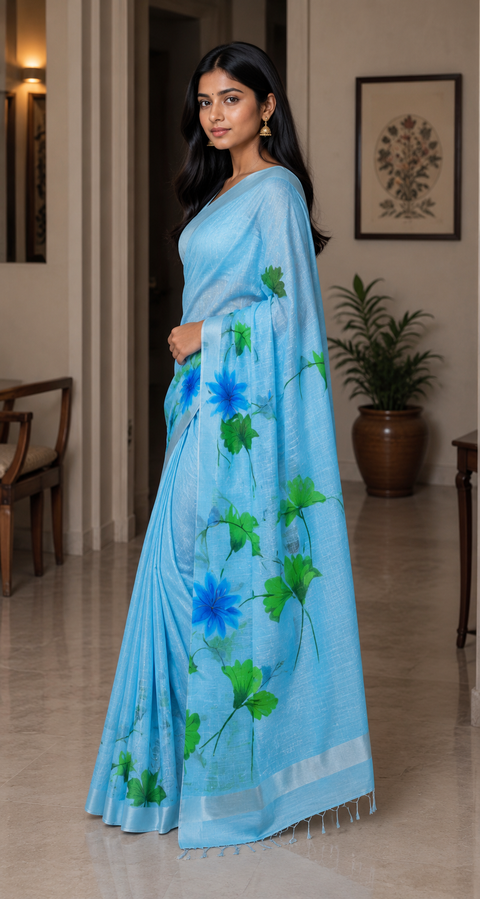 Hand Painted Kota Linen Saree - Blue Color
