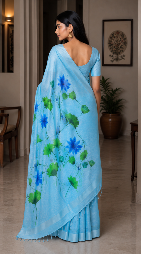 Hand Painted Kota Linen Saree - Blue Color