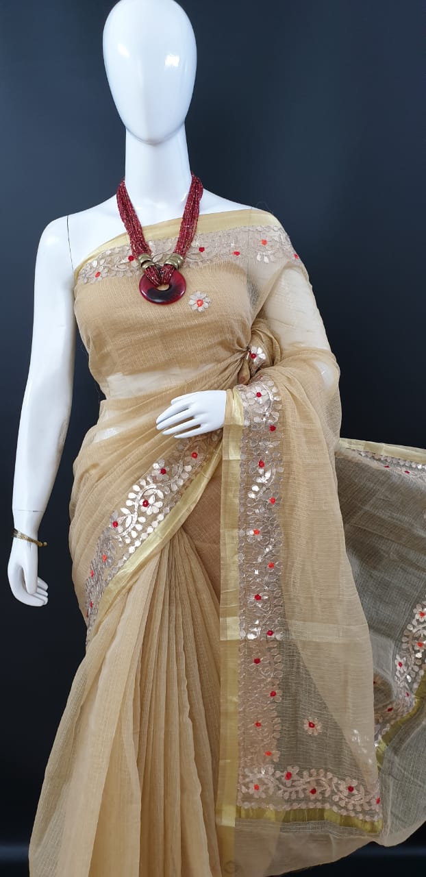 Classic Kota Doria Gotta Patti Saree - Beige Color