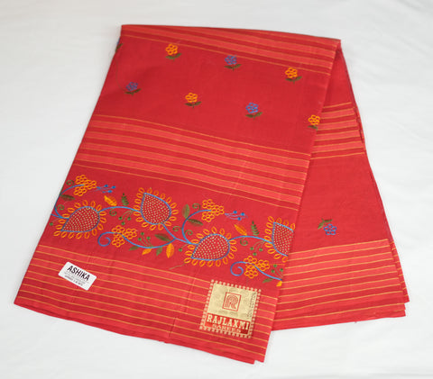 Akshita Pure Cotton Embroidered Saree - Red Color