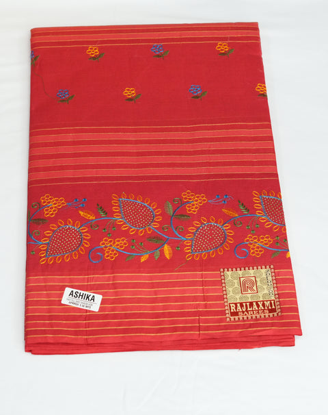 Akshita Pure Cotton Embroidered Saree - Red Color
