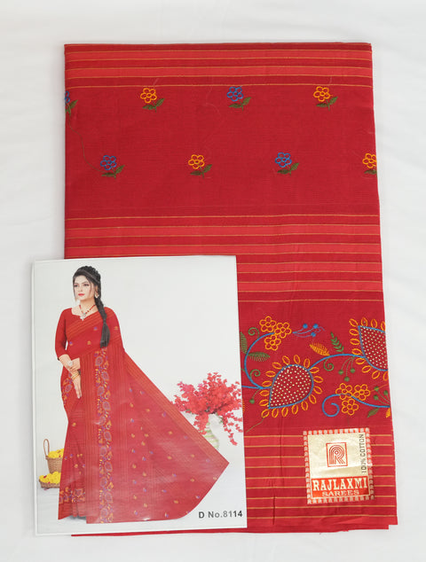Akshita Pure Cotton Embroidered Saree - Red Color