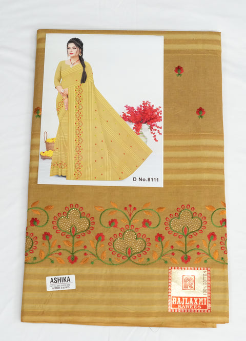 Akshita Pure Cotton Embroidered Saree -Beige Color
