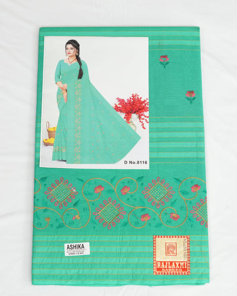 Akshita Pure Cotton Embroidered Saree - Green Color