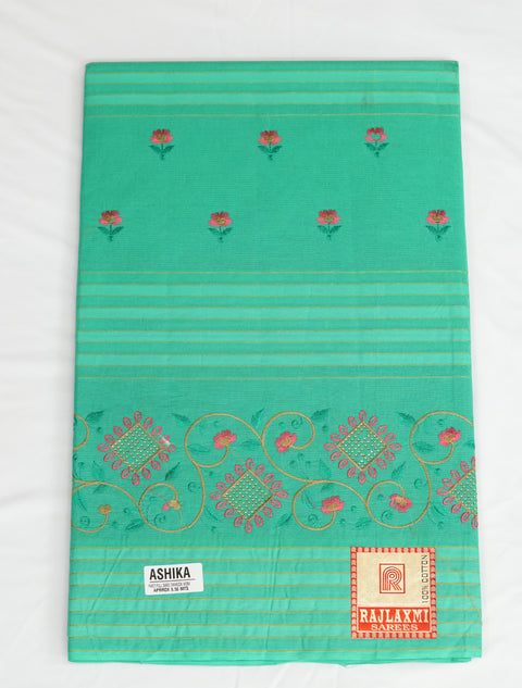 Akshita Pure Cotton Embroidered Saree - Green Color