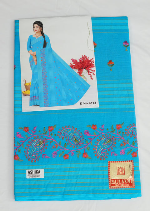 Akshita Pure Cotton Embroidered Saree - Blue Color