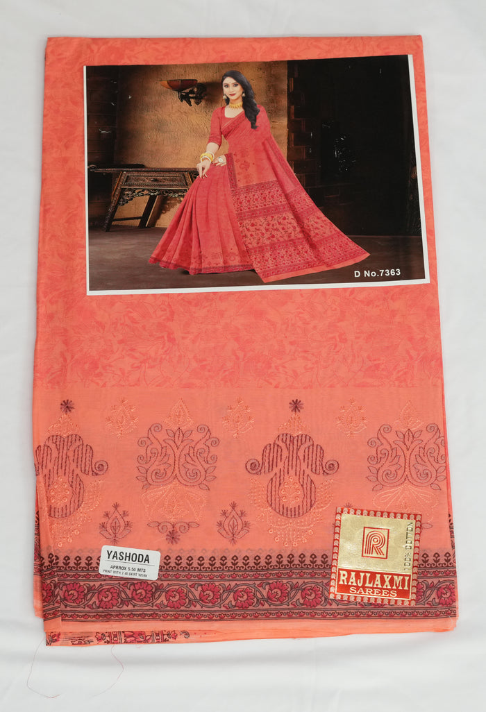 Yashodha Pure Cotton Machine Embroidered & Printed Saree- Pink Color