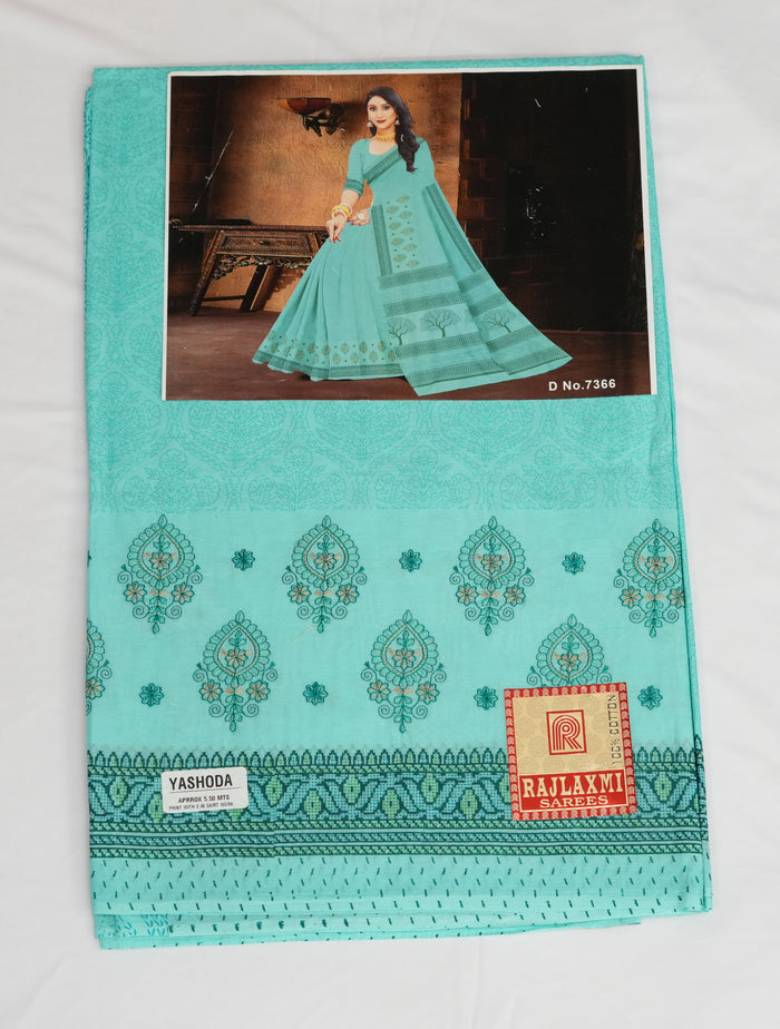 Yashodha Pure Cotton Machine Embroidered & Printed Saree - Sea Green