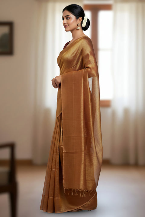 शुद्ध टिशू लिनन सिल्क बुनाई साड़ी रनिंग ब्लाउज के साथ - भूरा रंग
