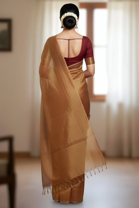 शुद्ध टिशू लिनन सिल्क बुनाई साड़ी रनिंग ब्लाउज के साथ - भूरा रंग