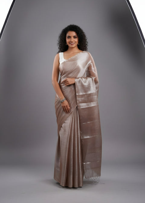 Elegant Plain Tissue Saree with Subtle Shine - Light Grey Color