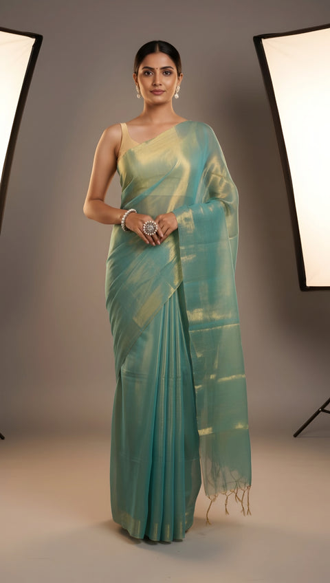 Elegant Plain Tissue Saree with Subtle Shine - Sea Green Color