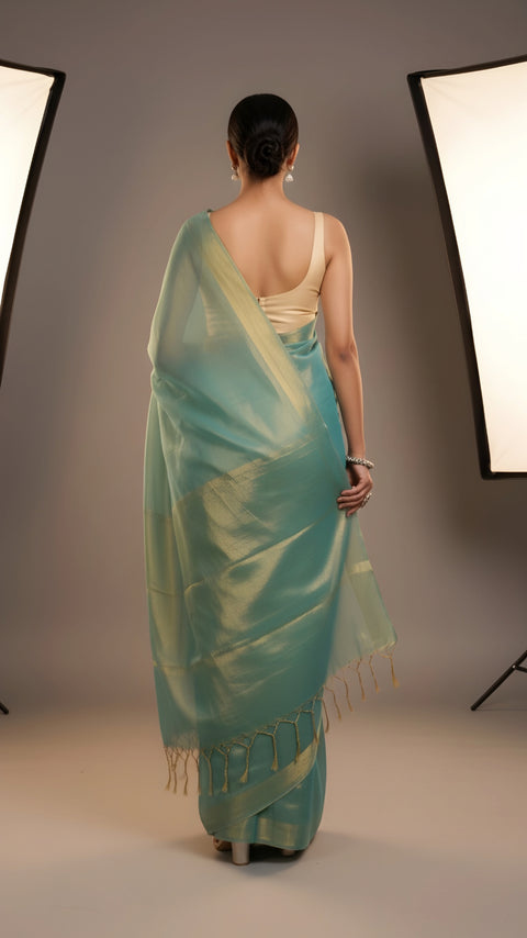 Elegant Plain Tissue Saree with Subtle Shine - Sea Green Color