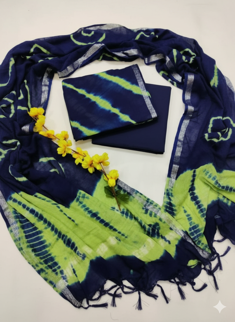 Tie Dye Cotton Slub Dress Material - Navy Blue & Green Color
