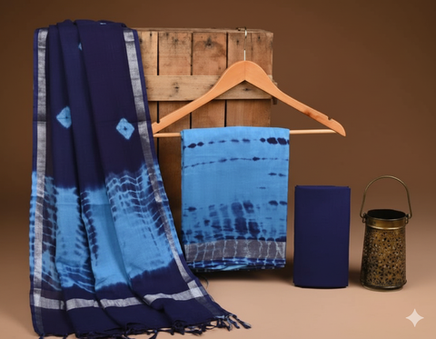 Tie Dye Cotton Slub Dress Material - Blue Color