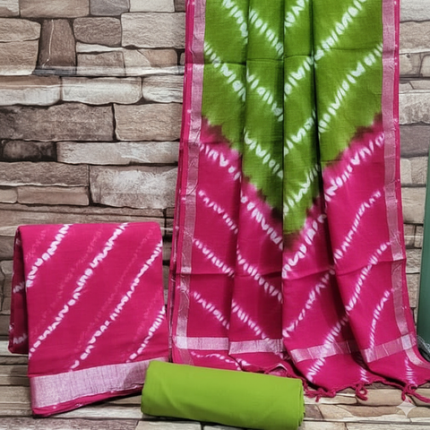 Tie Dye Cotton Slub Dress Material - Pink and Green Color