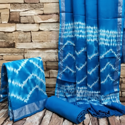 Tie Dye Cotton Slub Dress Material - Blue Colour