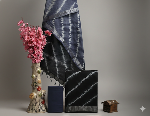 Tie Dye Cotton Slub Dress Material - Black Color