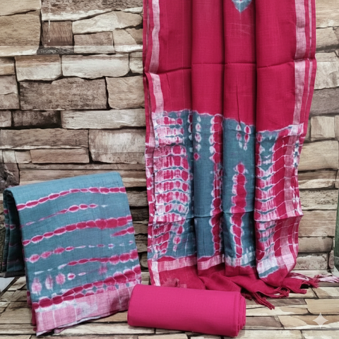 Tie Dye Cotton Slub Dress Material - Blue & Red Color