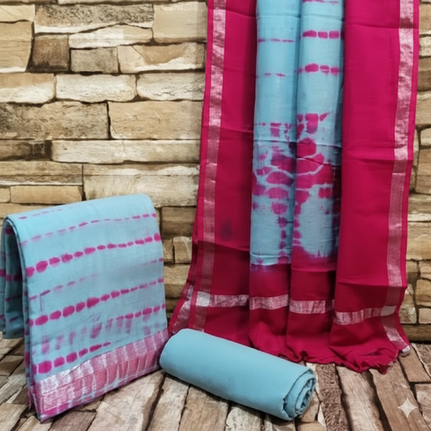 Tie Dye Cotton Slub Dress Material - Red & Blue Color