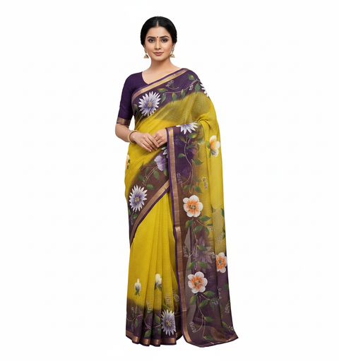 Kota Pure Cotton Painted Saree - Purple & Yellow Color
