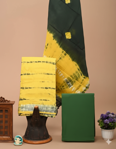 Tie Dye Cotton Slub Dress Material - Green & Yellow Color