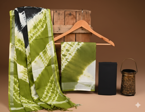 Tie Dye Cotton Slub Dress Material - Green Color