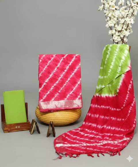 Tie Dye Cotton Slub Dress Material - Green and Red Color