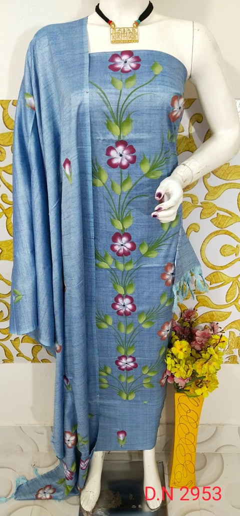Denim Blue Hand-Painted Matka Tussar Silk Dress Material with maroon, orange, and green floral motifs, paired with a matching dupatta. Perfect for casual, festive, and formal occasions.