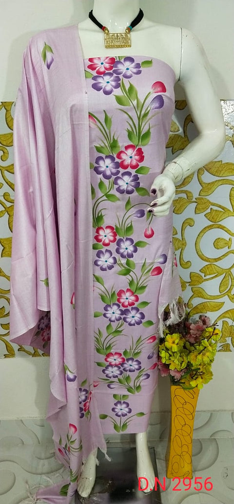 Lavender Hand-Painted Matka Tussar Silk Dress Material with purple, pink, and green floral motifs. Ideal for festive celebrations, casual outings, and formal events.