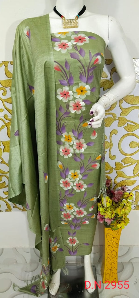 Olive Green Hand-Painted Matka Tussar Silk Dress Material featuring vibrant floral patterns in purple, orange, and red. Ideal for festive and semi-formal occasions.