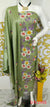 Olive Green Hand-Painted Matka Tussar Silk Dress Material featuring vibrant floral patterns in purple, orange, and red. Ideal for festive and semi-formal occasions.