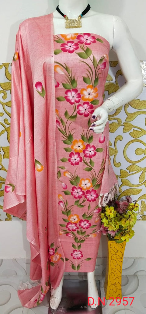 Peach Hand-Painted Matka Tussar Silk Dress Material with colourful floral motifs, featuring a matching dupatta and plain bottom fabric. Perfect for festivals and celebrations.