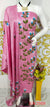 Pink Hand-Painted Matka Tussar Silk Dress Material with blue and green floral motifs, matching dupatta, and plain bottom fabric. Ideal for festive and formal occasions.