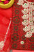 Close-up of Gota Patti work on red and peach Kota Doria fabric showcasing fine craftsmanship.