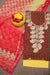 Flat lay of the unstitched Kota Doria Gota Patti suit set, featuring red and yellow fabric with floral embroidery